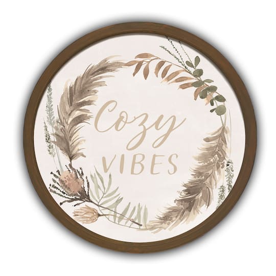 Cozy Vibes Wreath Round Brown Framed Print